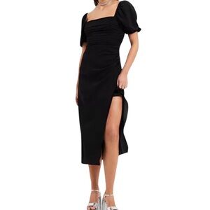 French Connection "Afina"  Black Ruched  Puff Sleeve Midi Dress with Slit M